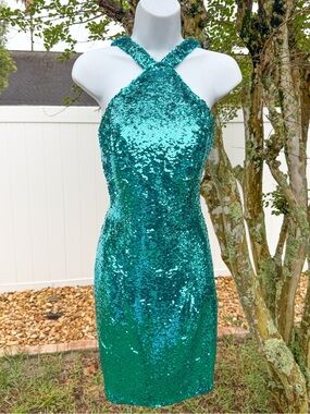 Aidan Mattox Teal Sequin Halter Dress Sparkly Cocktail Party Dress Small
